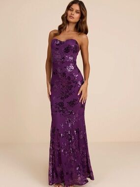 Strapless Purple Floral Sequin Evening Gown
